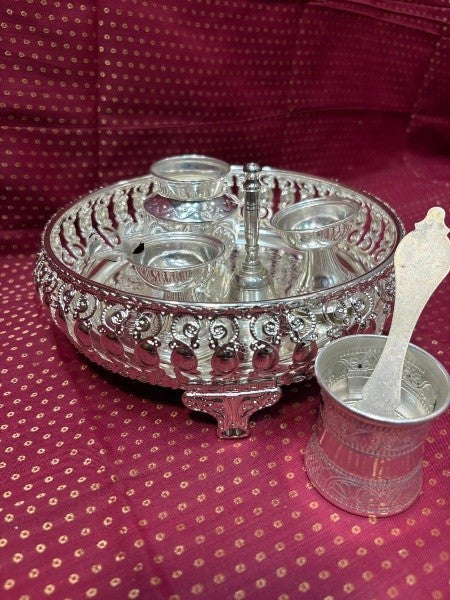 german silver small pooja thali set of 6 pieces for diwali/ housewarming