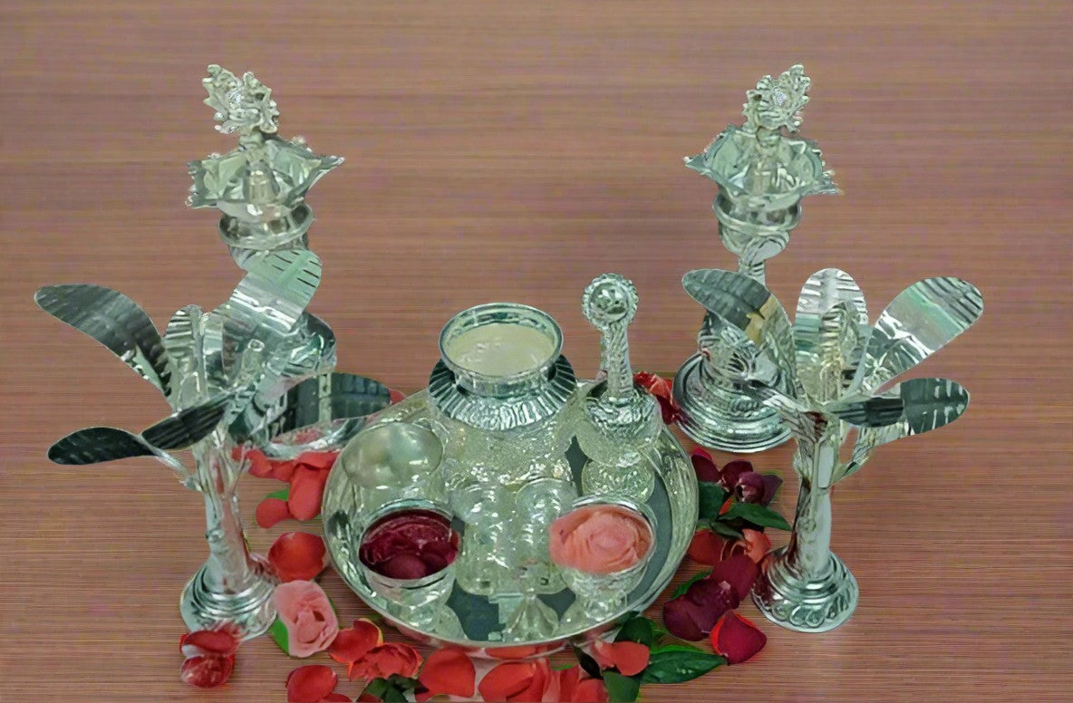 german silver big pooja thali set , 13 pieces set for diwali / housewarming