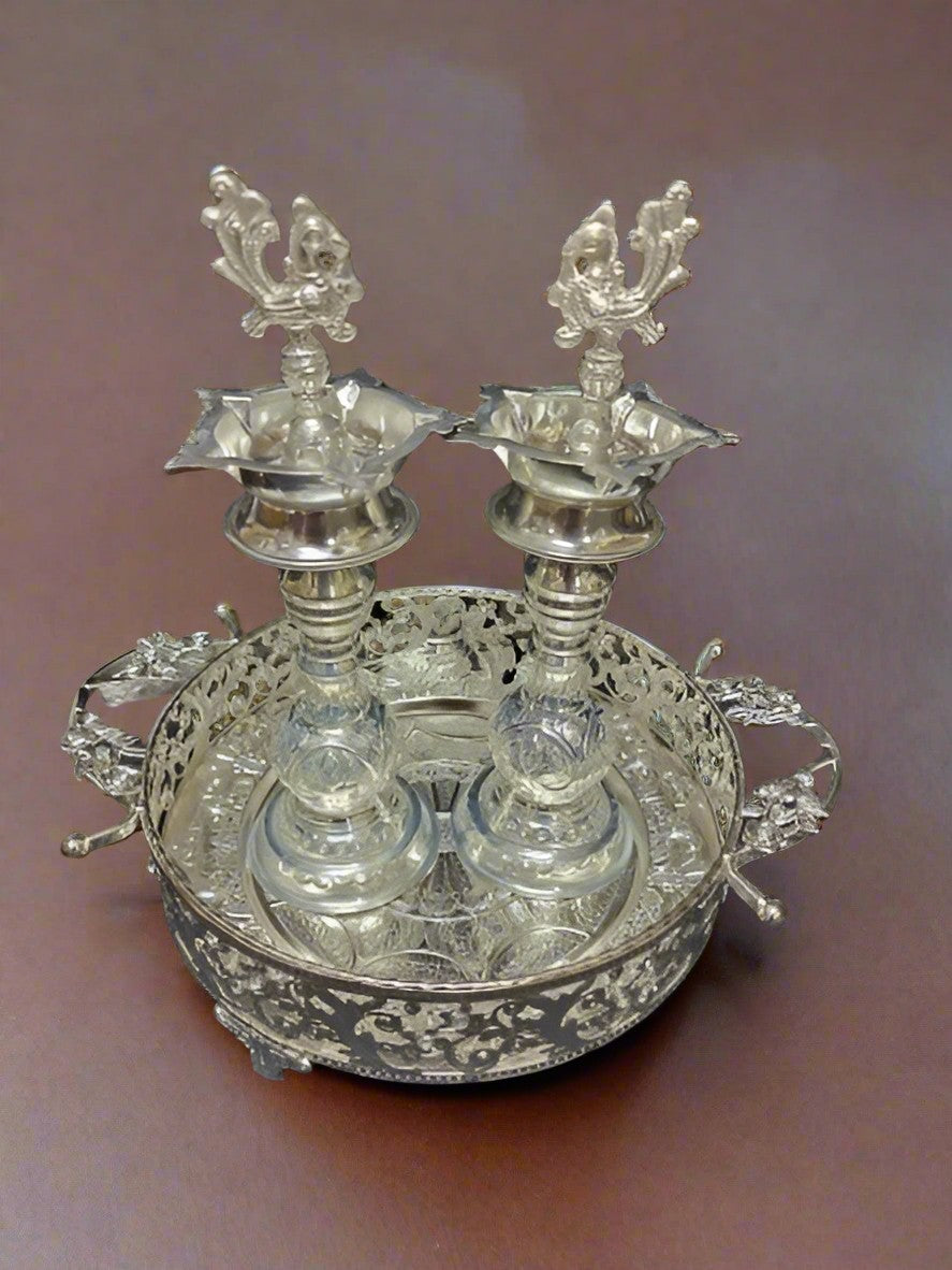 german silver handle tray with peacock diya pair for gift item/ diwali décor/ housewarming