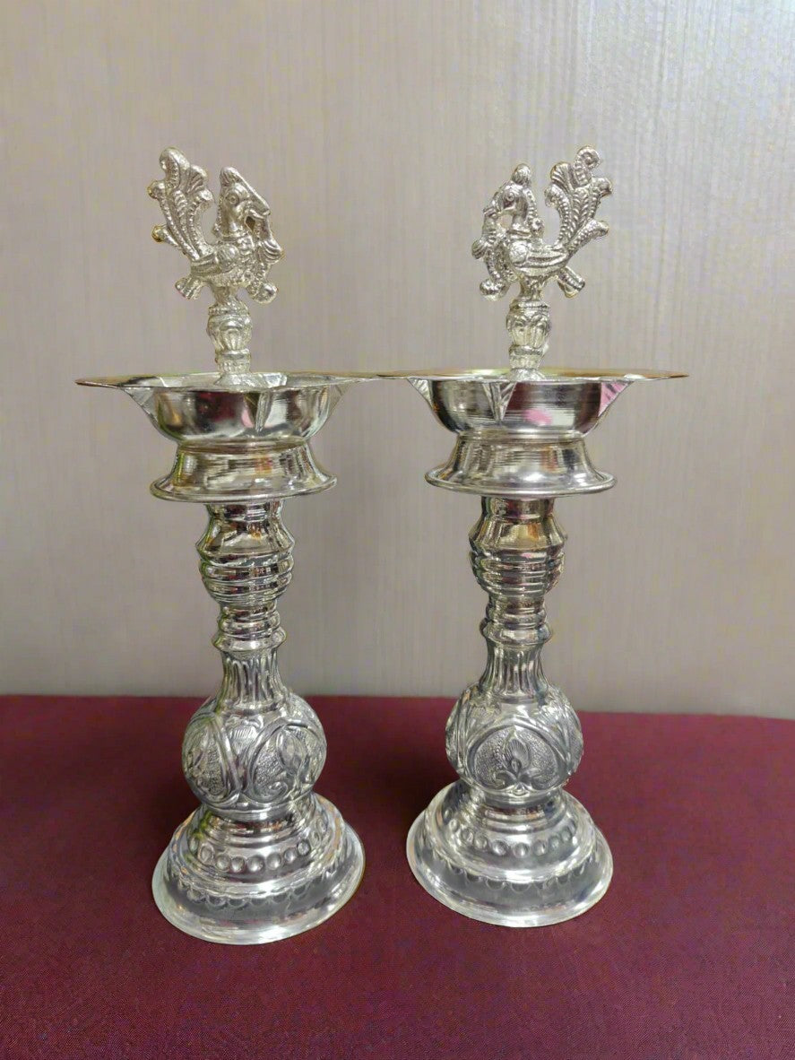 german silver handle tray with peacock diya pair for gift item/ diwali décor/ housewarming
