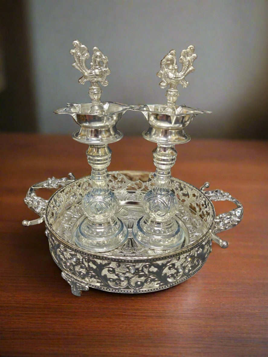 german silver handle tray with peacock diya pair for gift item/ diwali décor/ housewarming