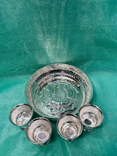 german silver tray with 4 bowls for diwali décor / snacks/ gift item