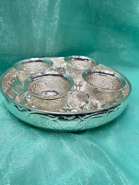 german silver tray with 4 bowls for diwali décor / snacks/ gift item