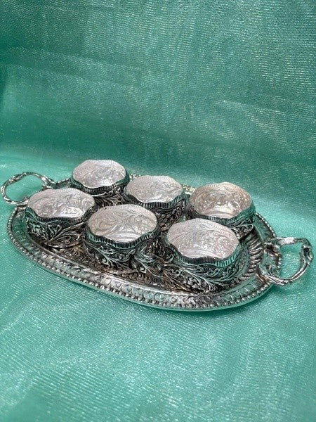 silver plated antique finish tray with bowl set for diwali décor/ gift item