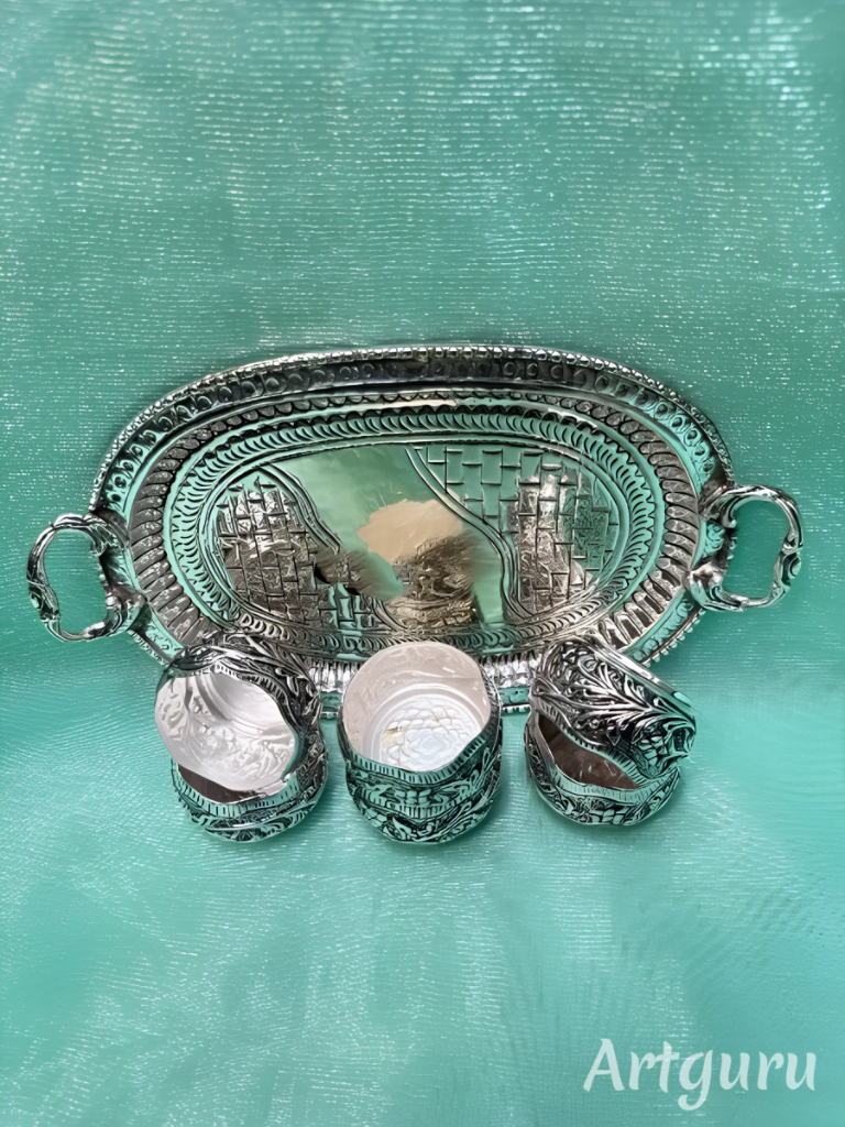 silver plated antique finish tray with bowl set for diwali décor/ gift item