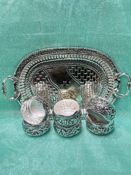 silver plated antique finish tray with bowl set for diwali décor/ gift item
