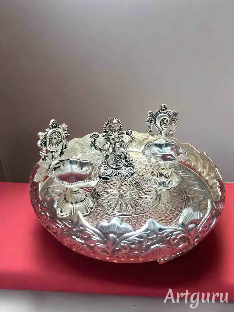 silver plated antique finish urli tray with ganesh with 2 shaunku diya set