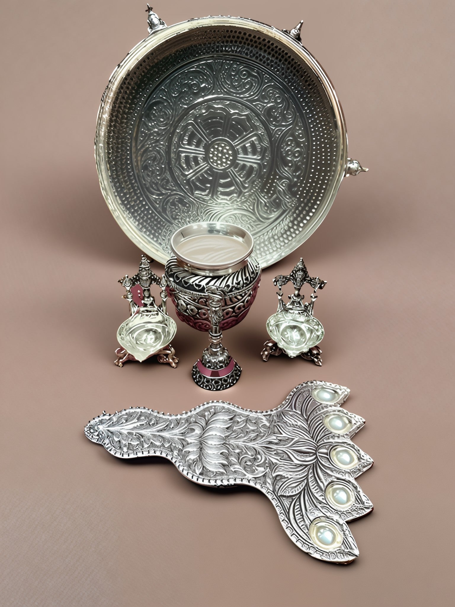 silver plated antique finish urli tray with 2 diyas , kalash, pancha aarthi with bell for diwali/ housewarming