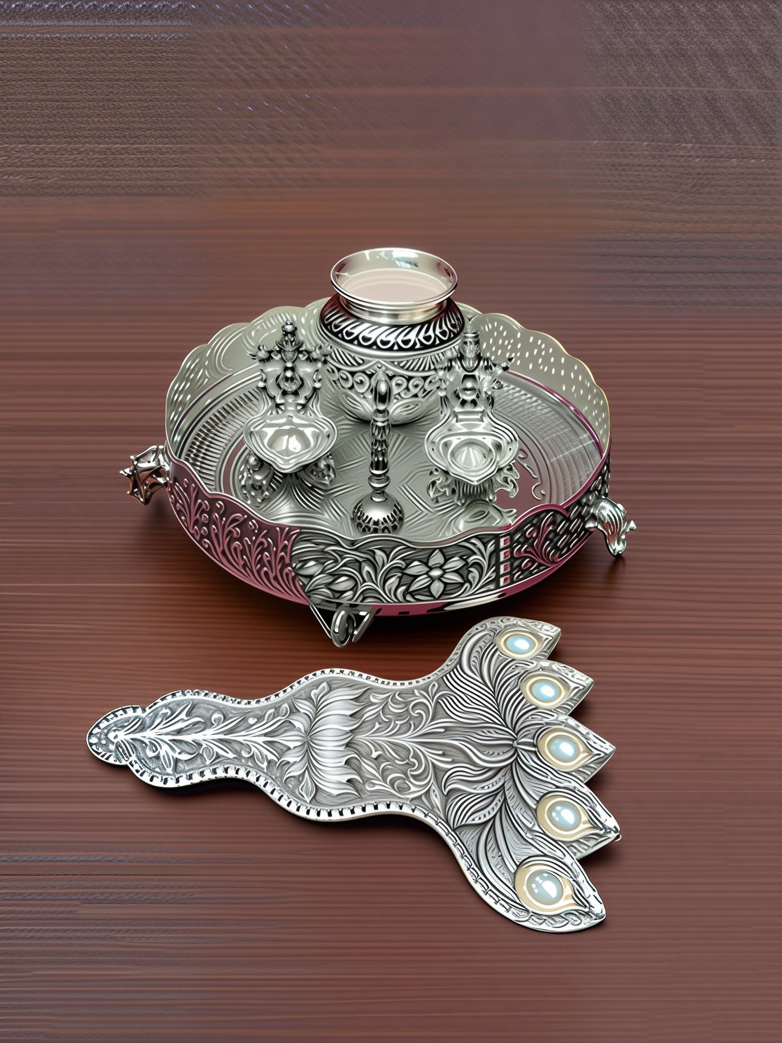 silver plated antique finish urli tray with 2 diyas , kalash, pancha aarthi with bell for diwali/ housewarming