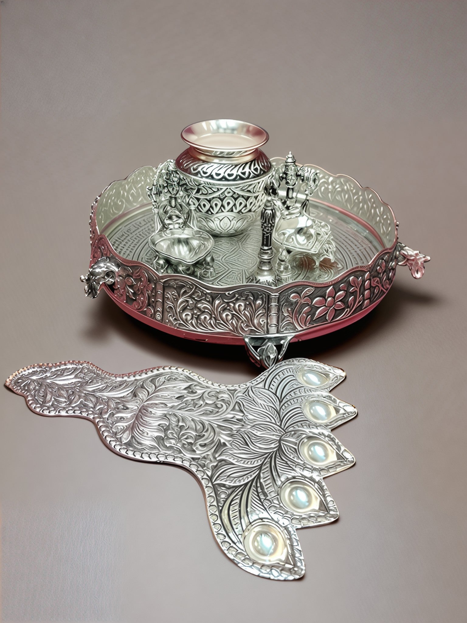silver plated antique finish urli tray with 2 diyas , kalash, pancha aarthi with bell for diwali/ housewarming
