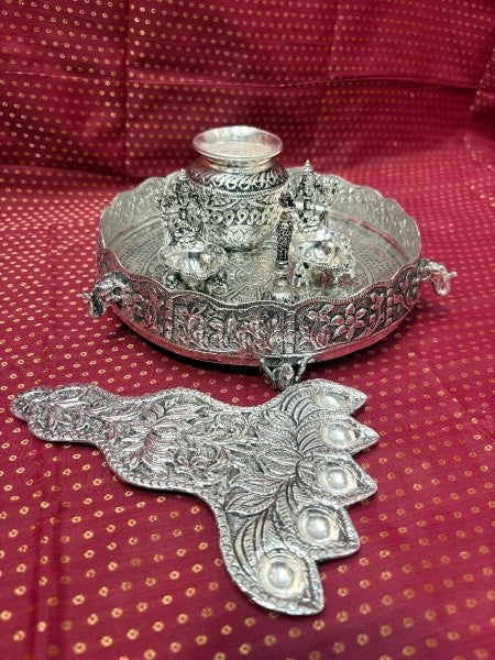 silver plated antique finish urli tray with 2 diyas , kalash, pancha aarthi with bell for diwali/ housewarming