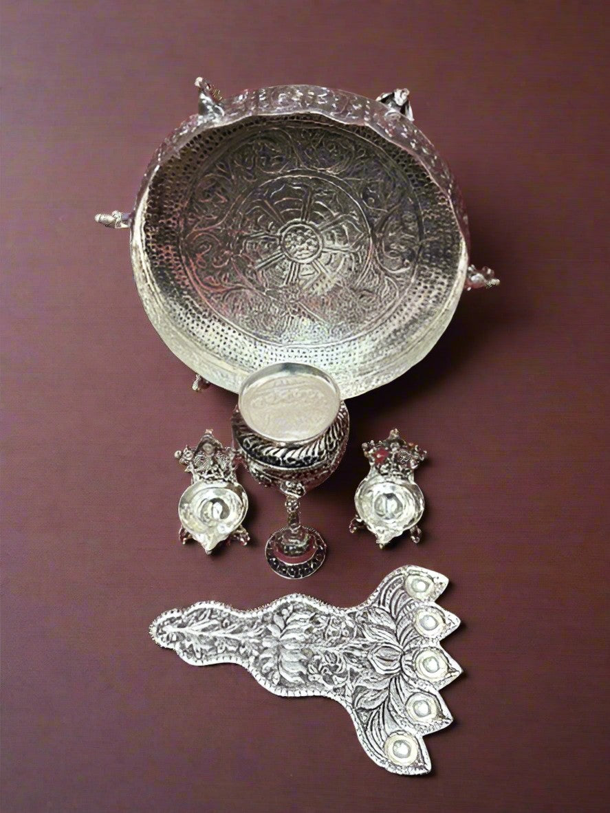 silver plated antique finish urli tray with 2 diyas , kalash, pancha aarthi with bell for diwali/ housewarming
