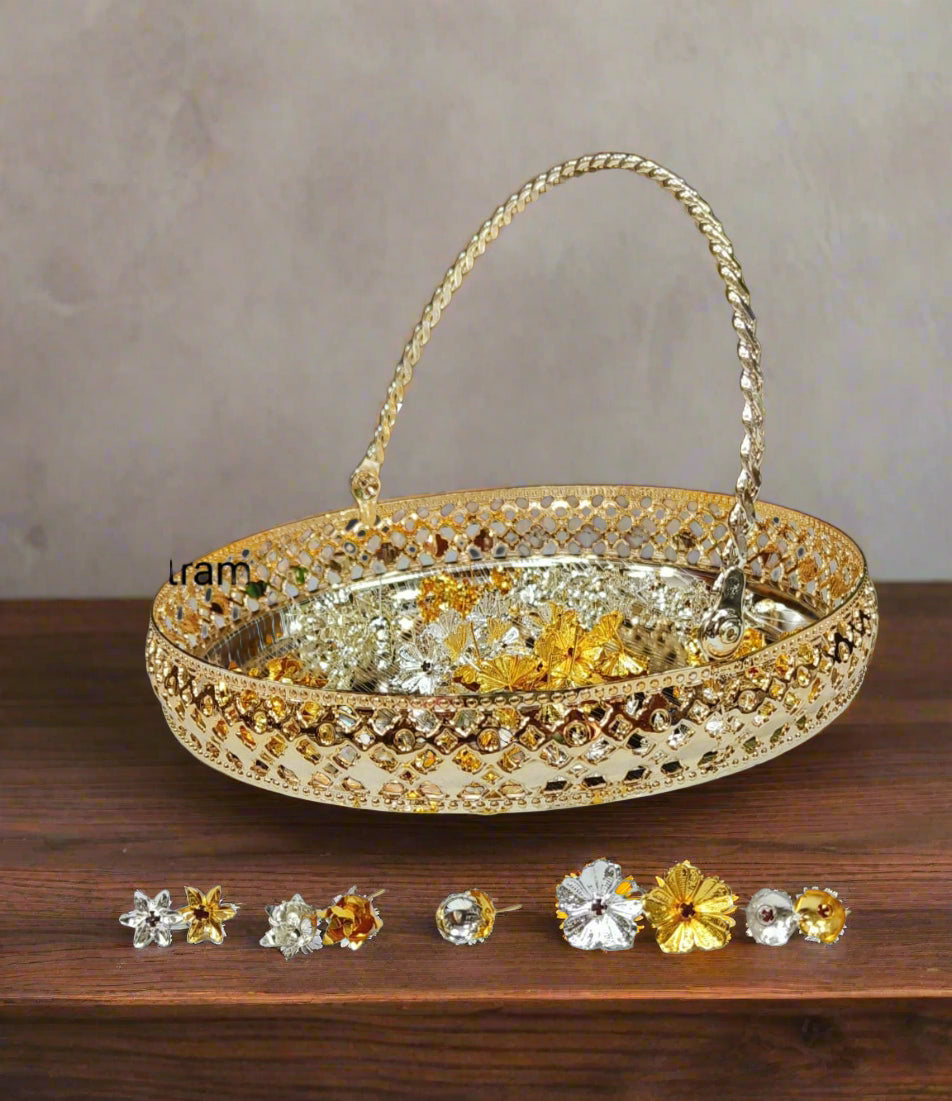german silver golden tray with handle with mix 110 flowers for diwali pooja/ housewarming pooja