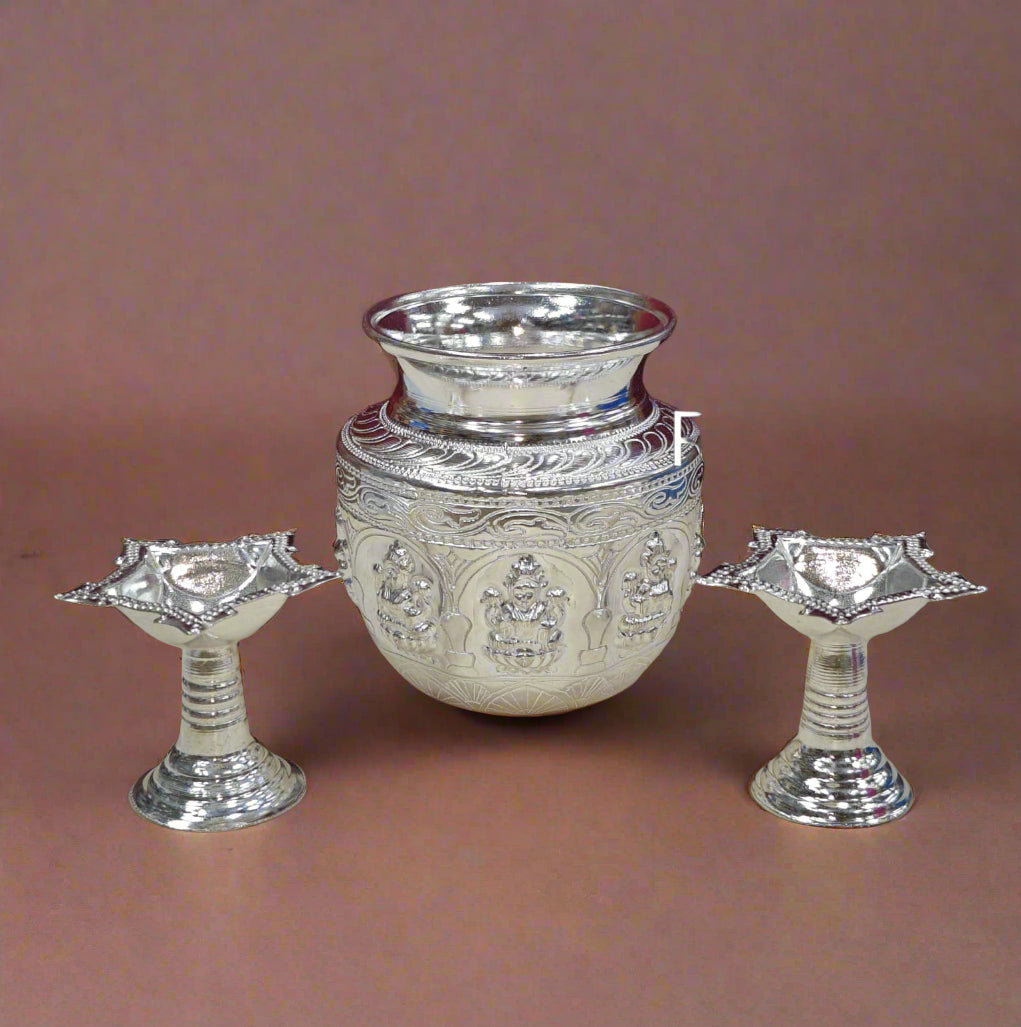 german silver astha lakshmi kalash with 2 star diya for diwali/ housewarming