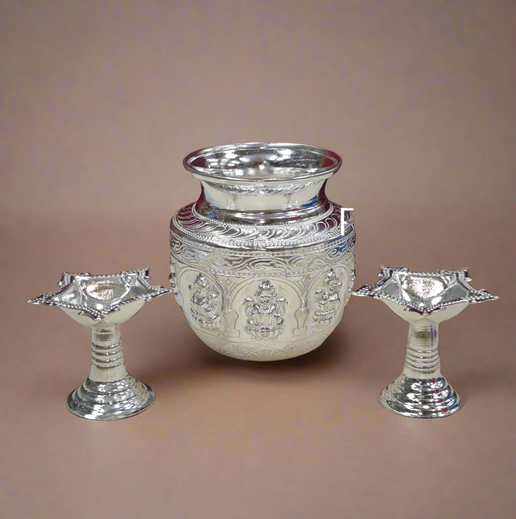 german silver astha lakshmi kalash with 2 star diya for diwali/ housewarming