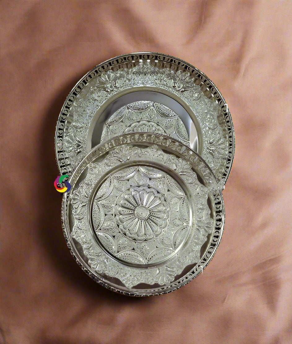 german silver set of 2 designer tray for diwali décor / gift item / serving snacks