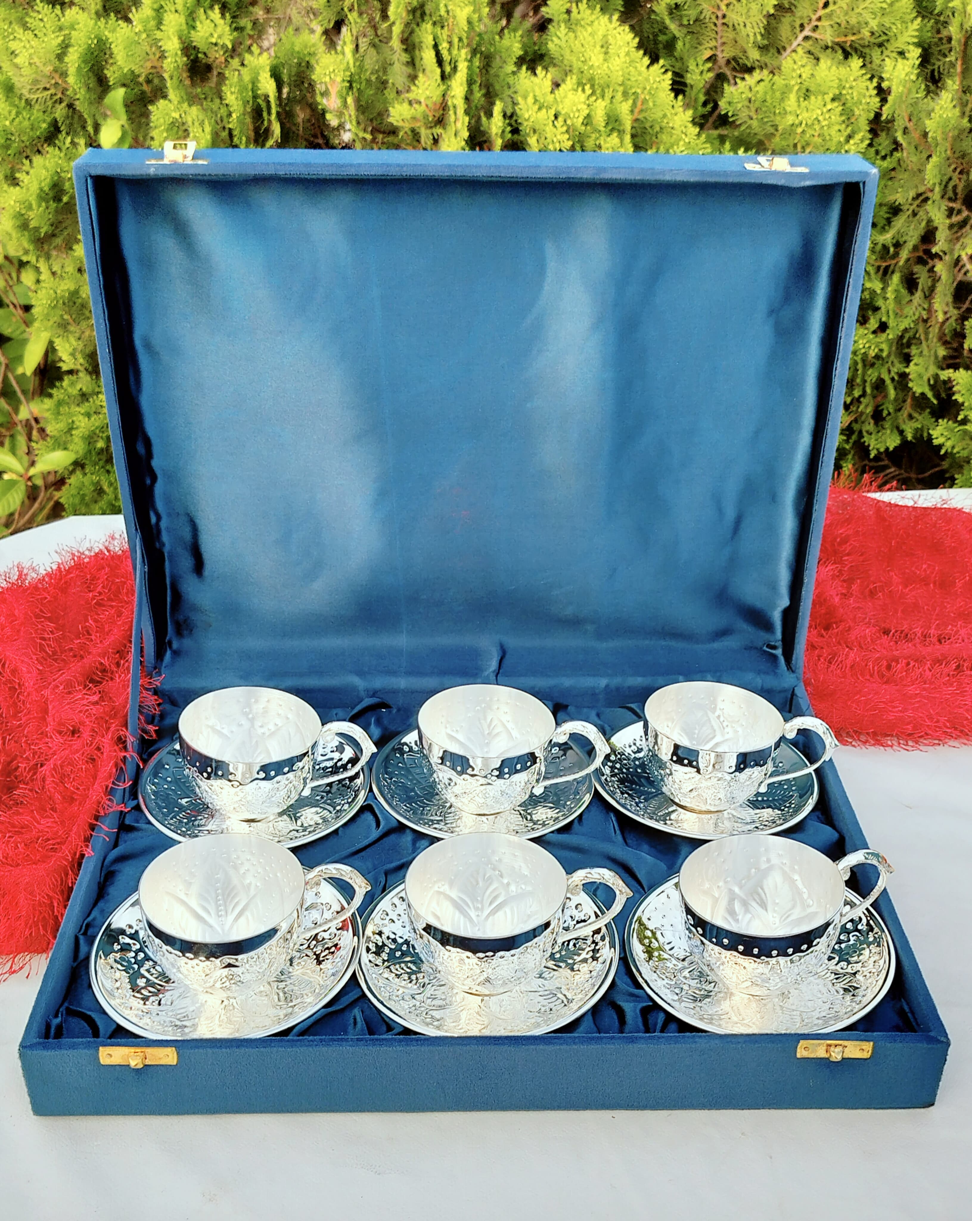 German silver Traditional nakkashi work 6 piece Tea Cup Saucer set with velvet gift box pack