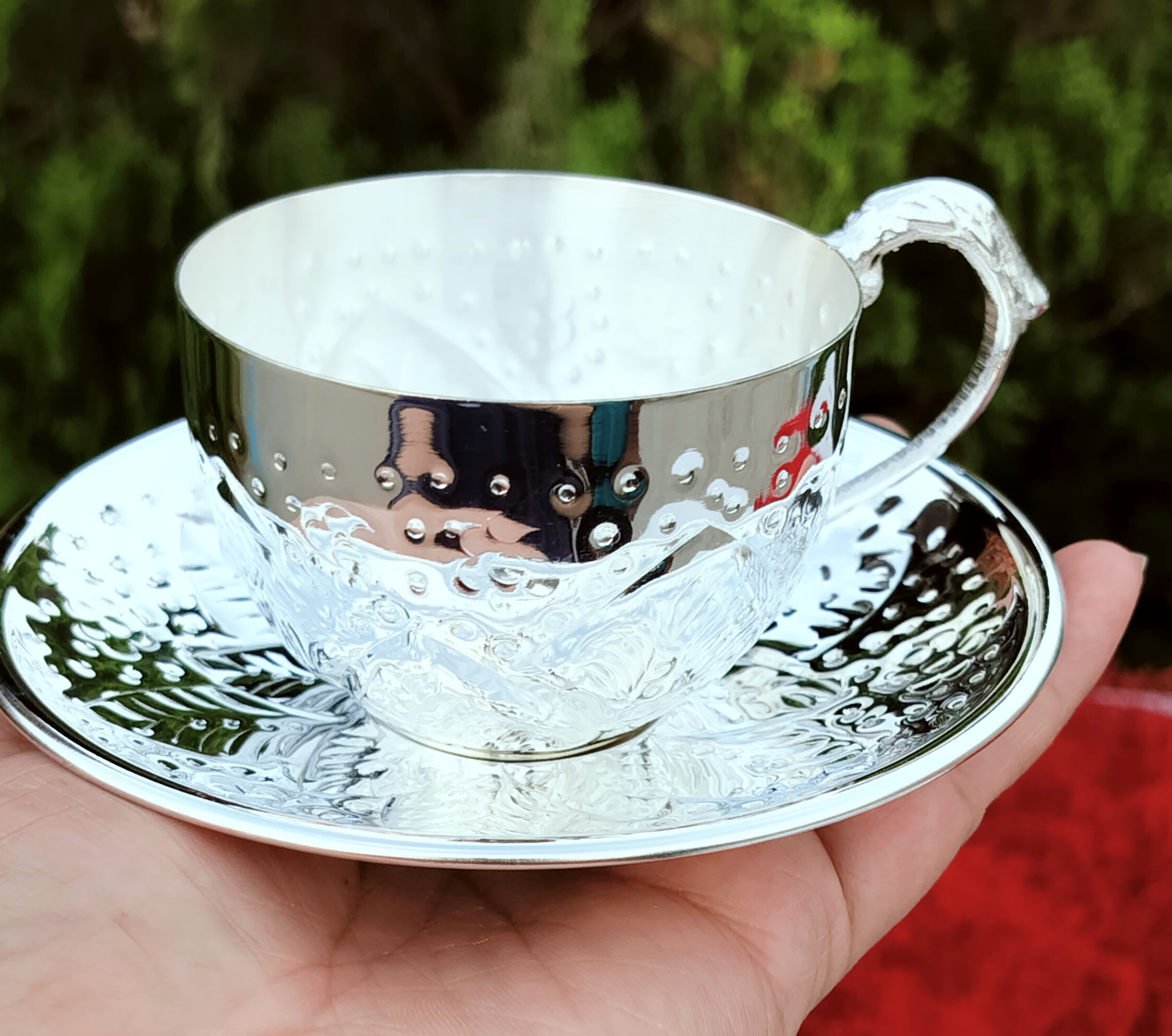 German silver Traditional nakkashi work 6 piece Tea Cup Saucer set with velvet gift box pack