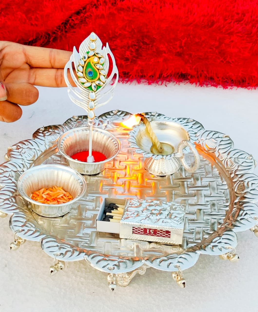 german silver pooja thali set with tilak stick for diwali/ housewarming