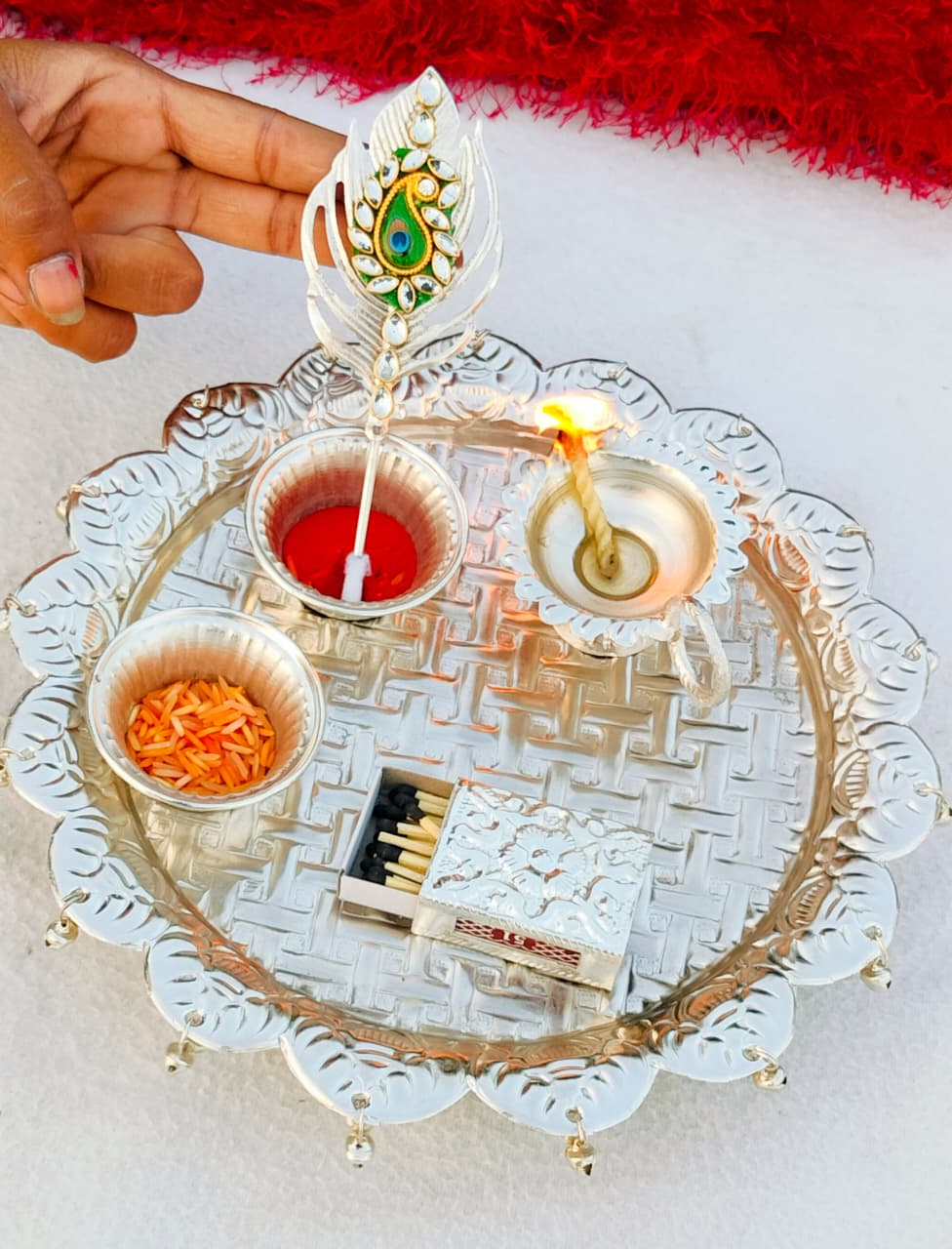 german silver pooja thali set with tilak stick for diwali/ housewarming