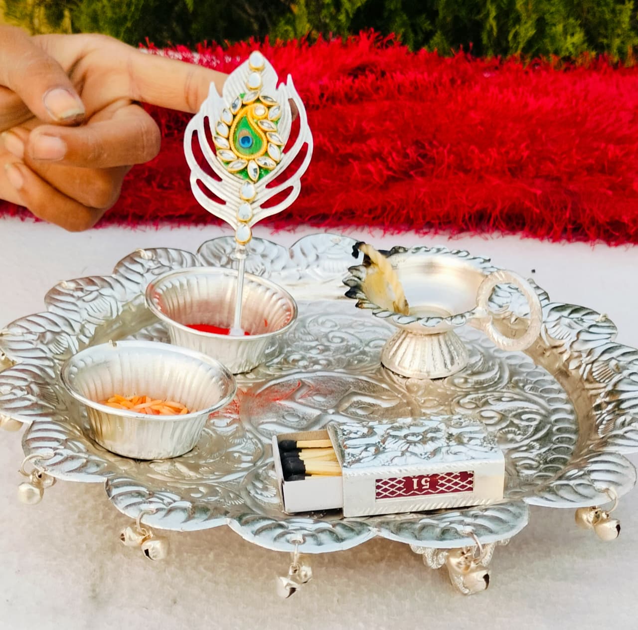 german silver pooja thali set with tilak stick for diwali/ housewarming