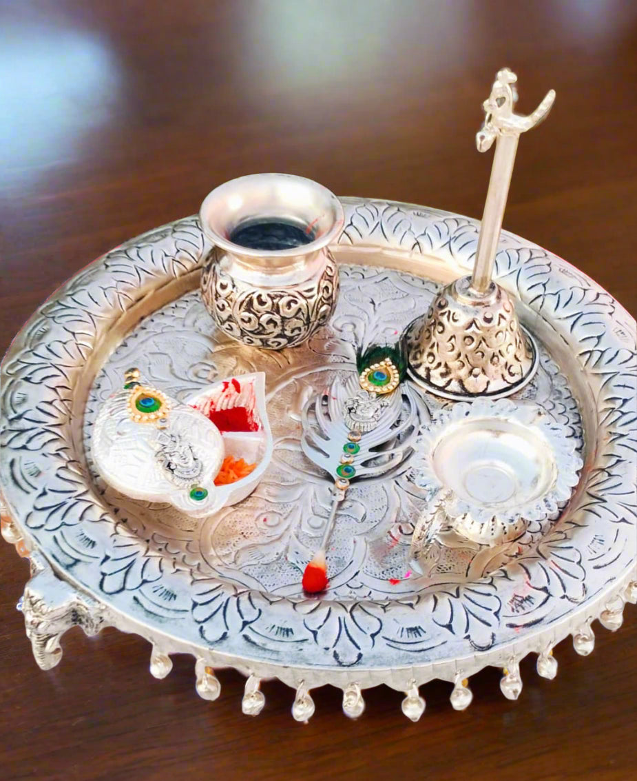 german silver pooja thali 6 pieces set for diwlai/ housewarming