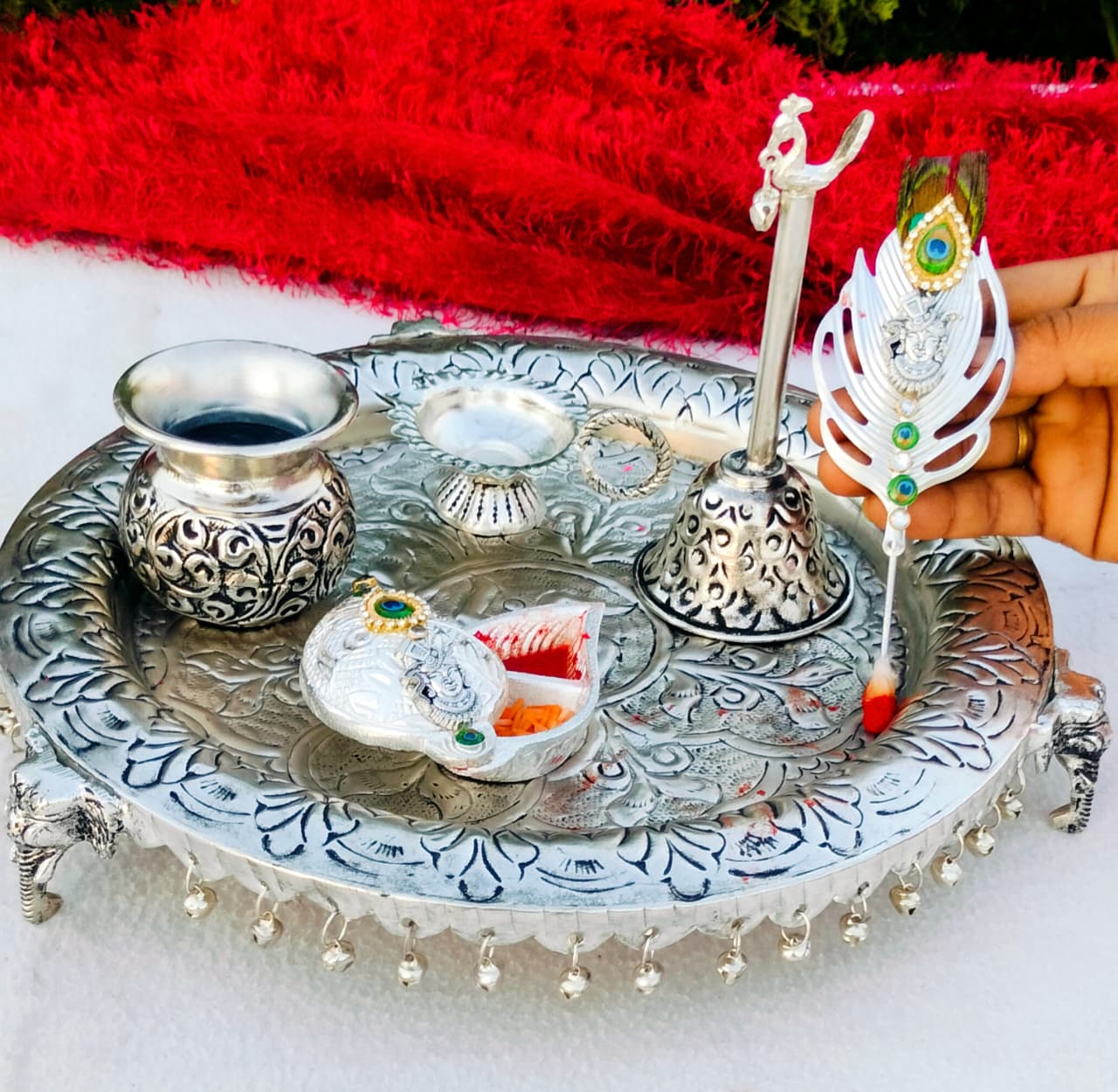 german silver pooja thali 6 pieces set for diwlai/ housewarming