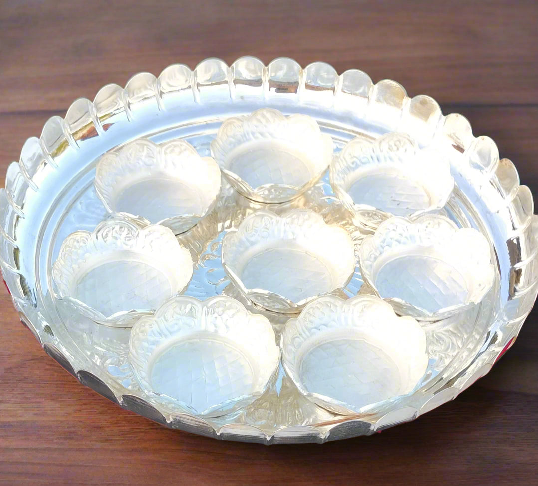 German silver flower tray with bowl set for Diwali prasad/ sweet/ snacks/ housewarming