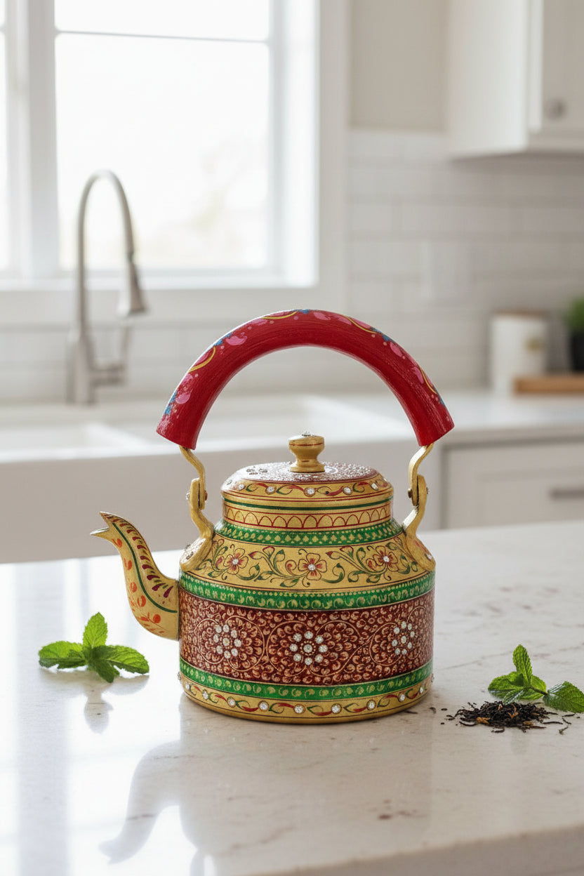 Colorful Handmade Kettle Décor | Bright Home Accent | Unique Kitchen Decoration, golden