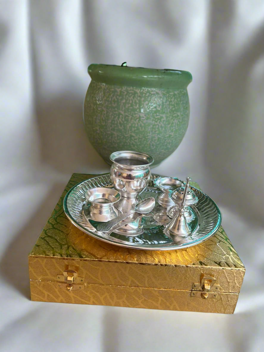 German Silver Lakshmi Ganesh Emboss Pooja thali Set