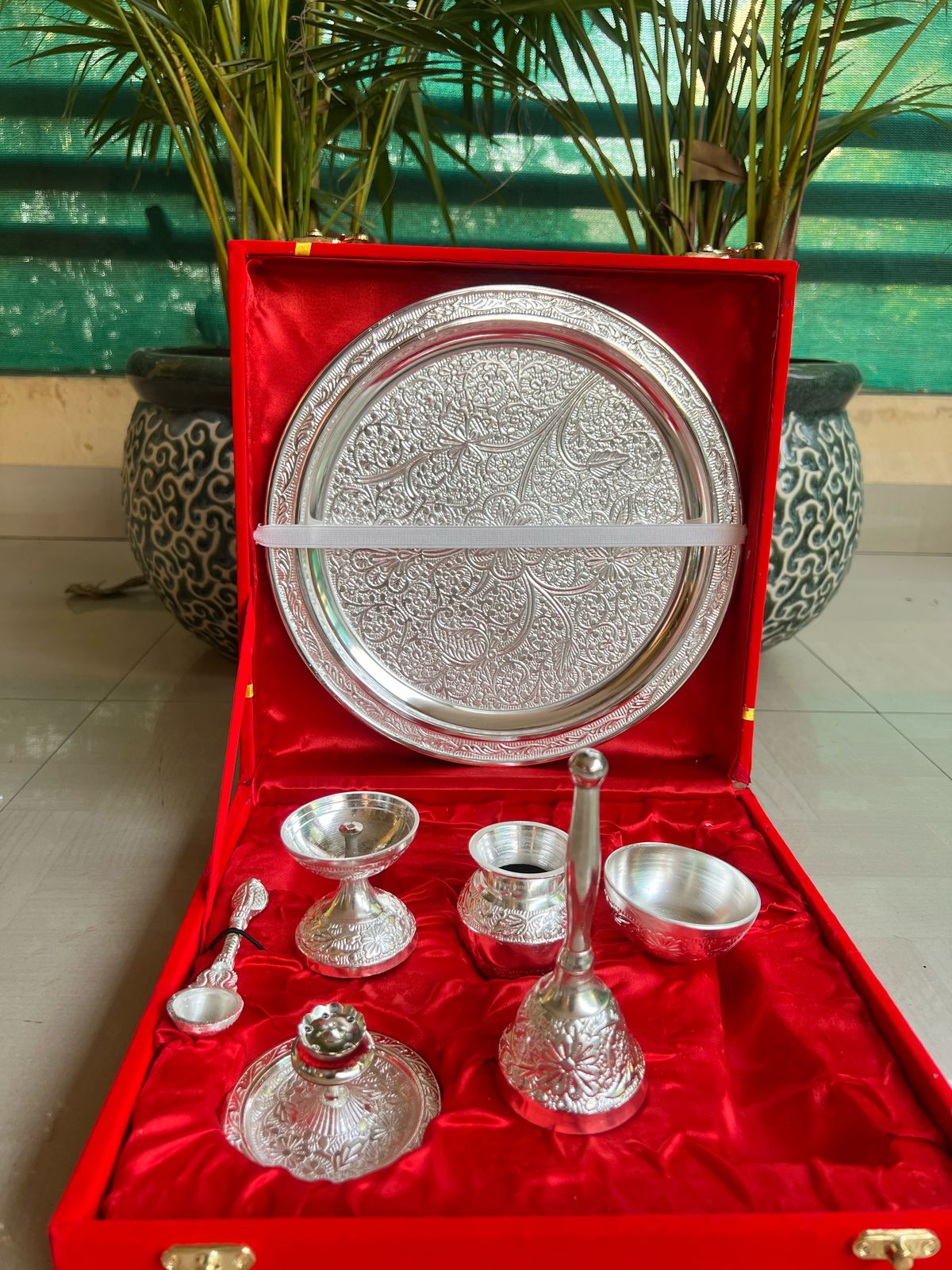 German Silver Pooja thali Set with Velvet Gift Box