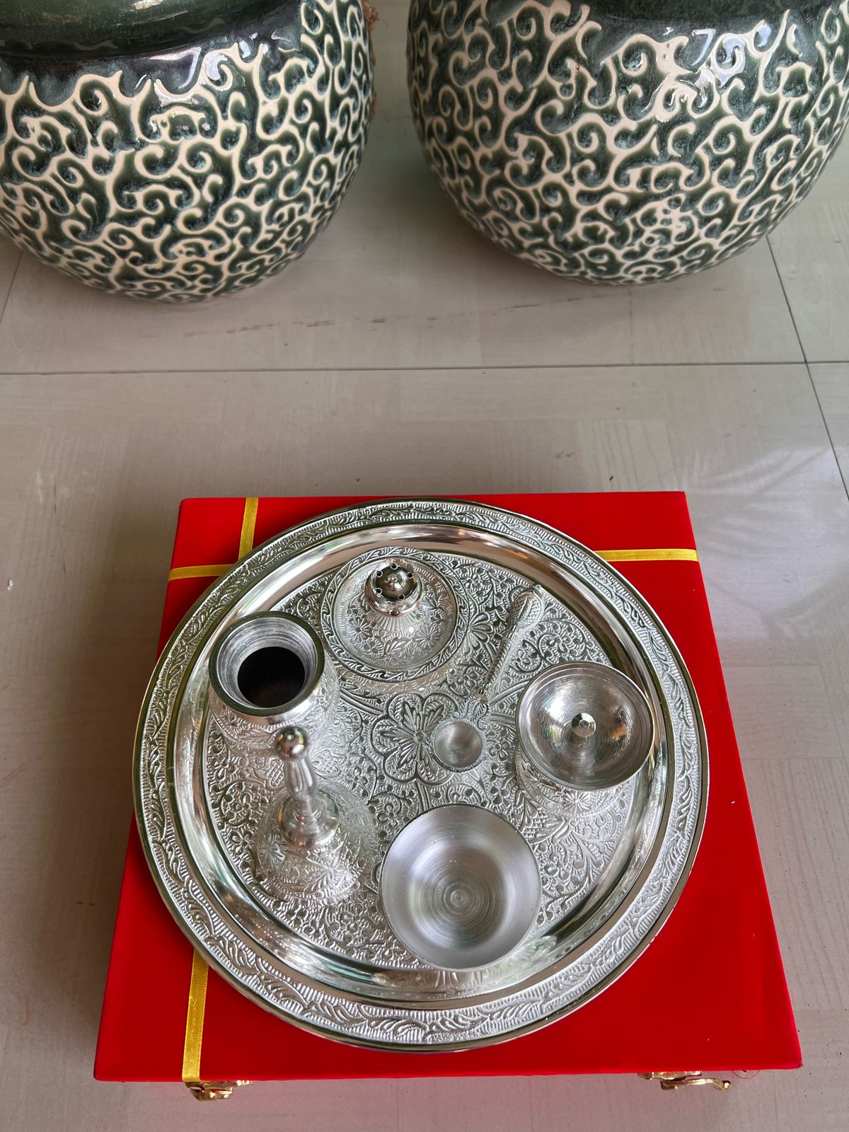 German Silver Pooja thali Set with Velvet Gift Box