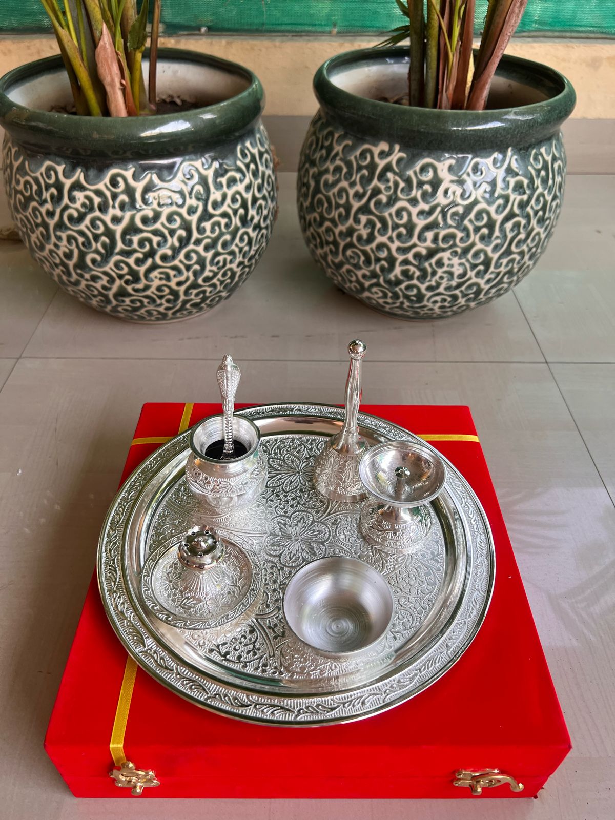 German Silver Pooja thali Set with Velvet Gift Box