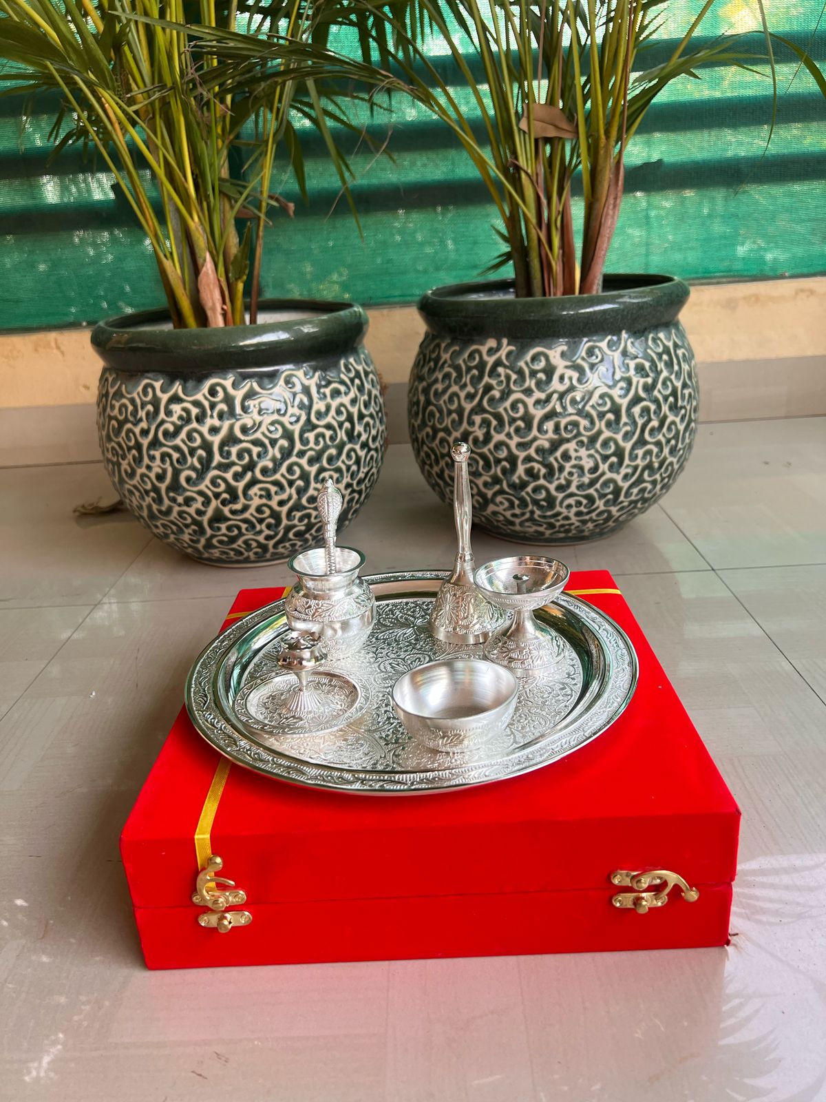 German Silver Pooja thali Set with Velvet Gift Box