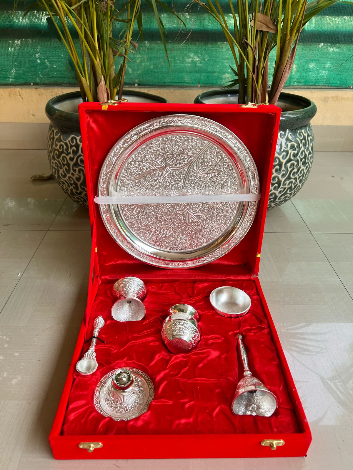 German Silver Pooja thali Set with Velvet Gift Box
