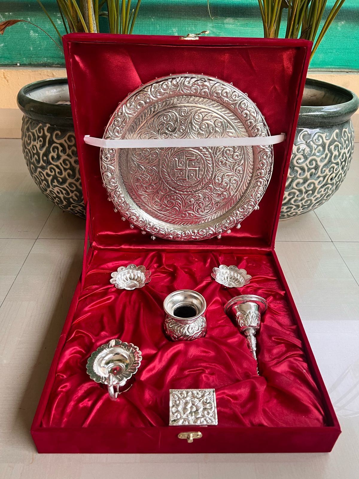 German Silver ghunghroo Pooja thali Set in Gift Box.