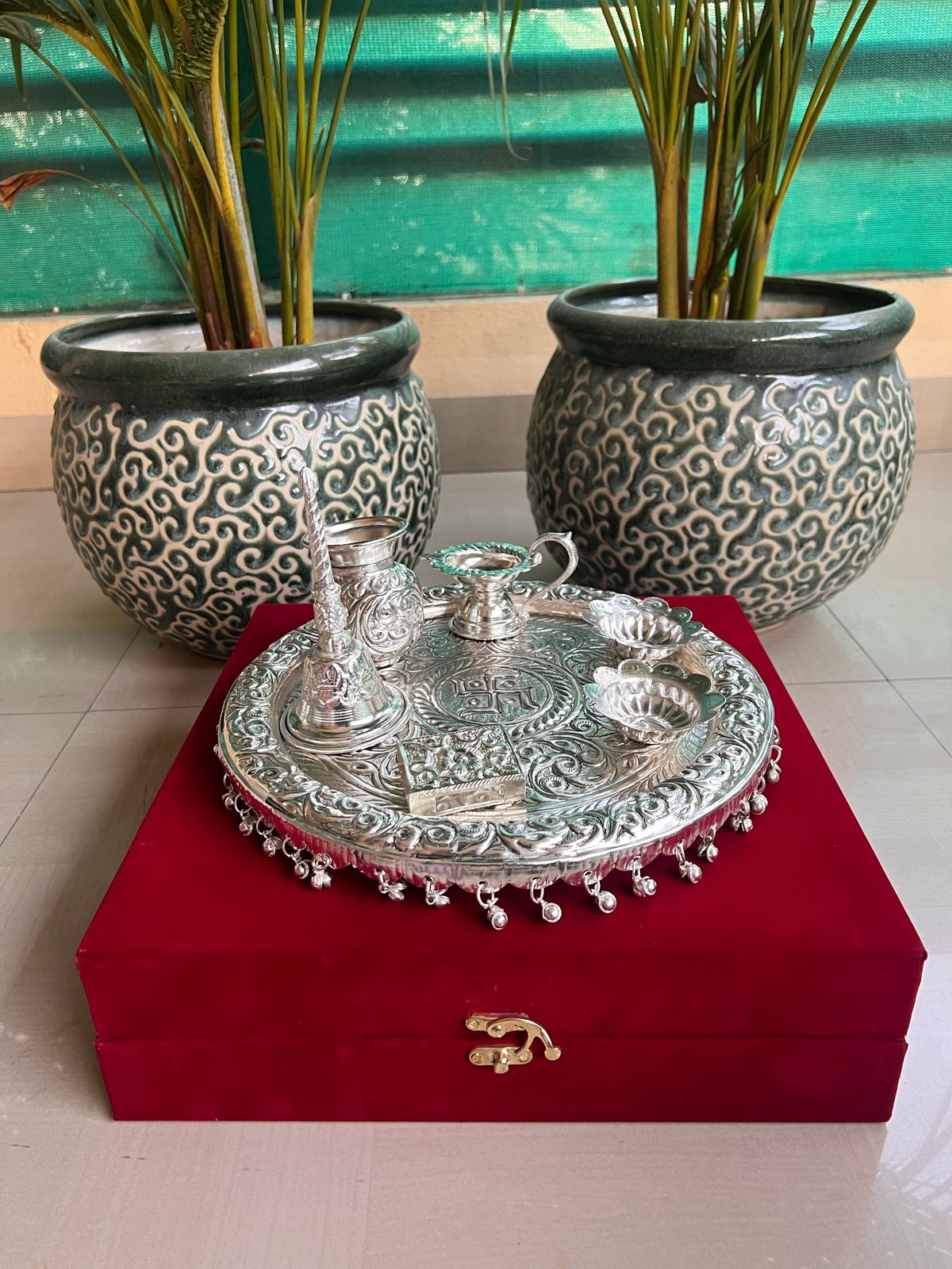 German Silver ghunghroo Pooja thali Set in Gift Box.