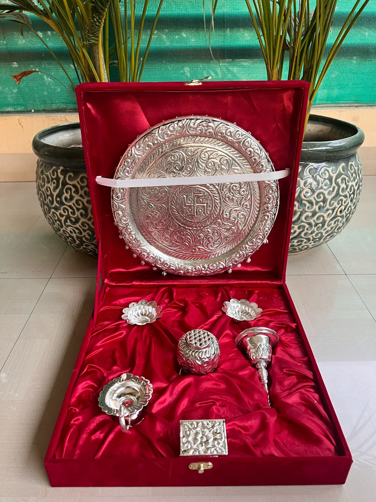 German Silver ghunghroo Pooja thali Set in Gift Box.