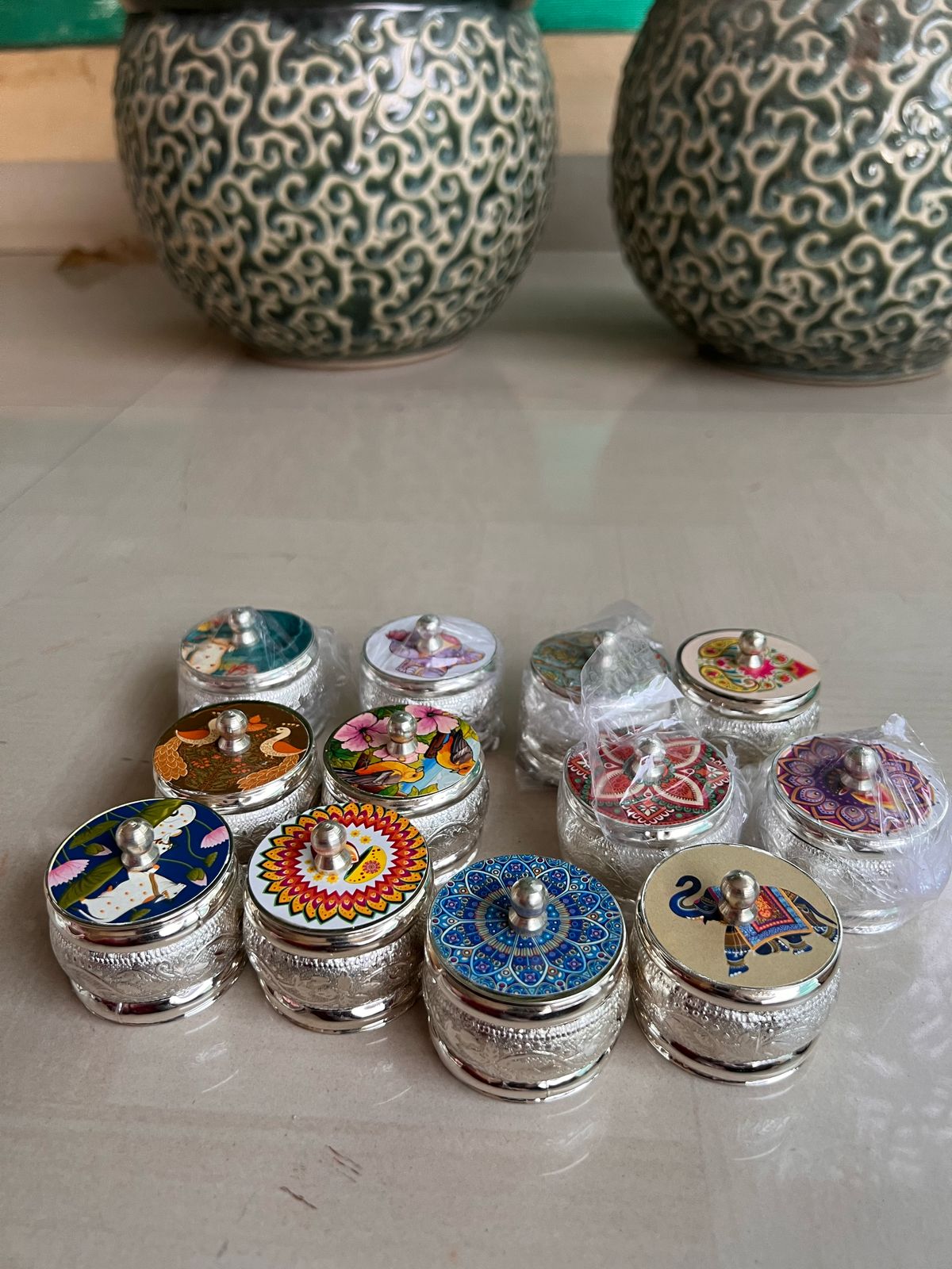 German silver set of 10 multi design dibbis/boxes for jewelry/small knick-knacks/gift item