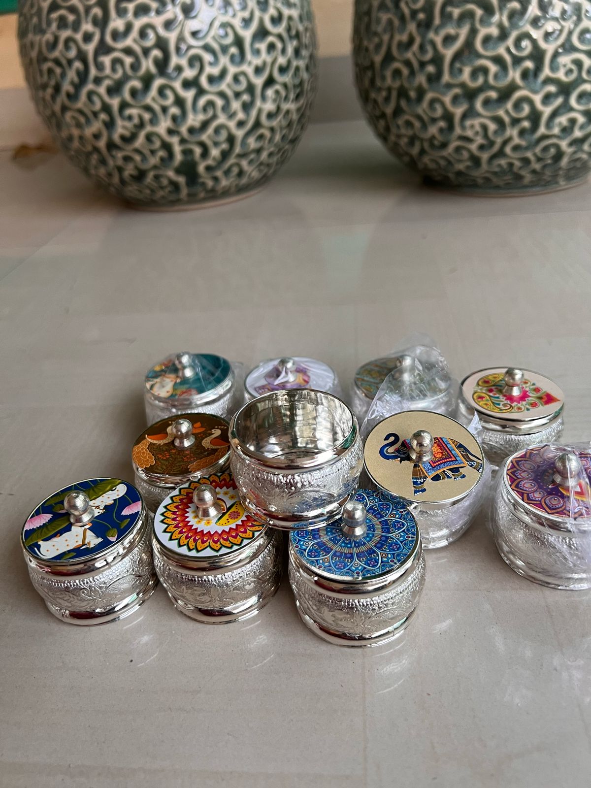 German silver set of 10 multi design dibbis/boxes for jewelry/small knick-knacks/gift item