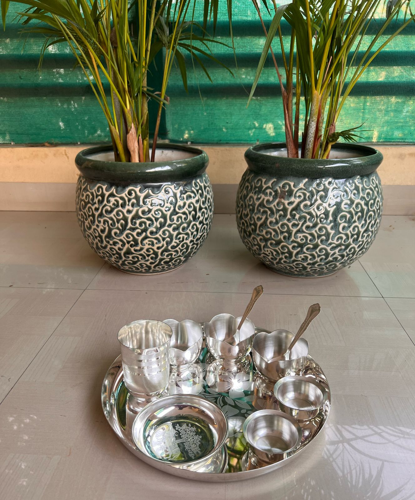 German silver dinner thali set with flower bowls for gift/home