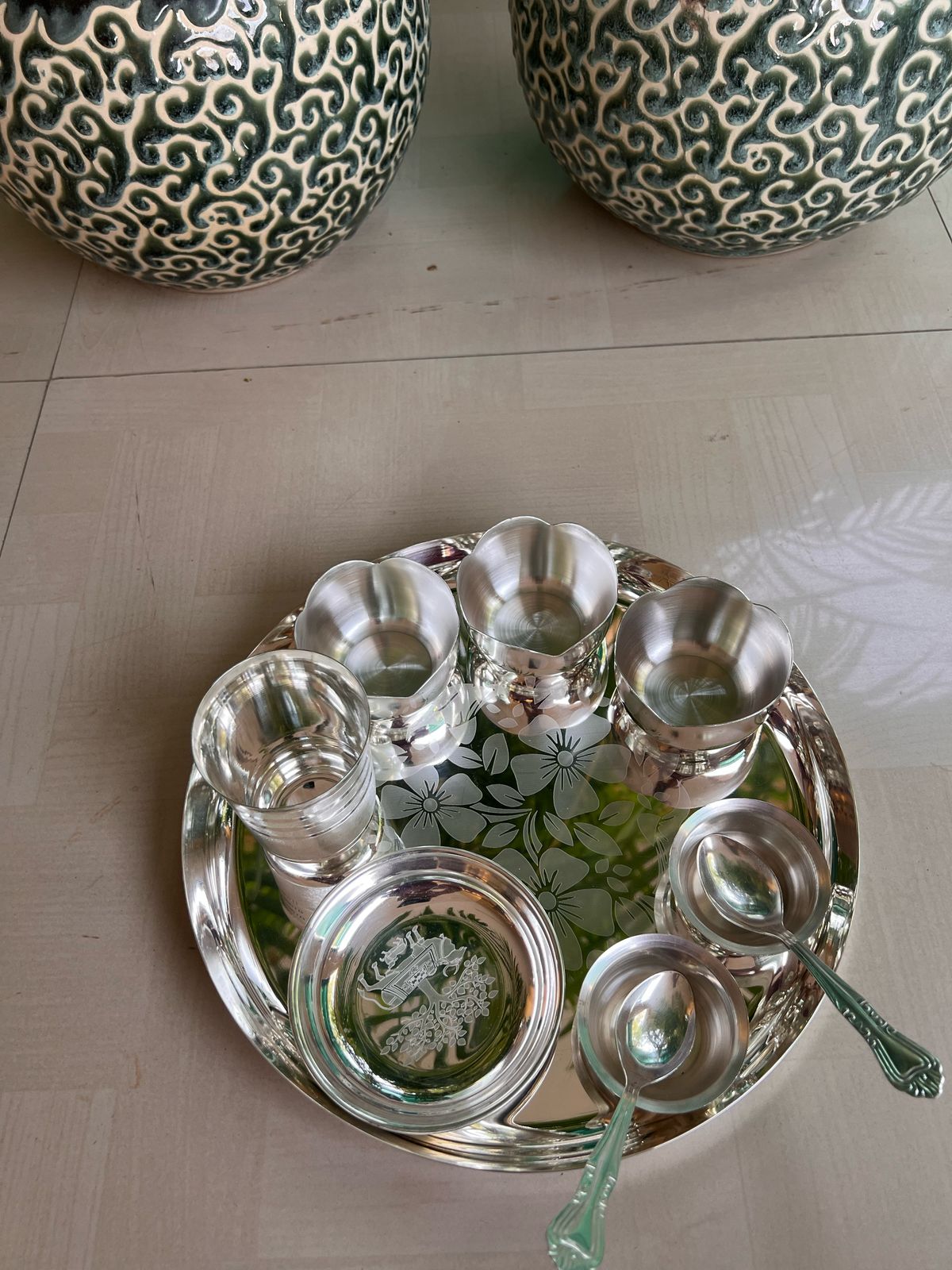 German silver dinner thali set with flower bowls for gift/home