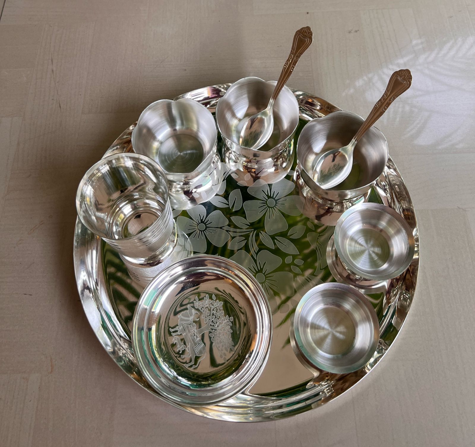German silver dinner thali set with flower bowls for gift/home