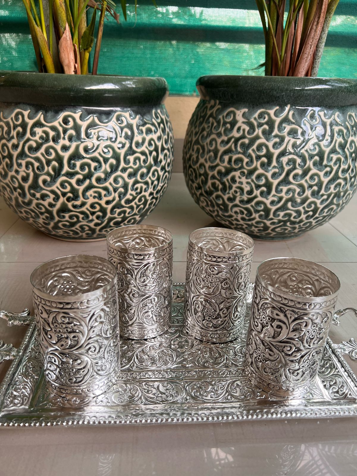 German Silver Tray with Handle and 4 Glass Set