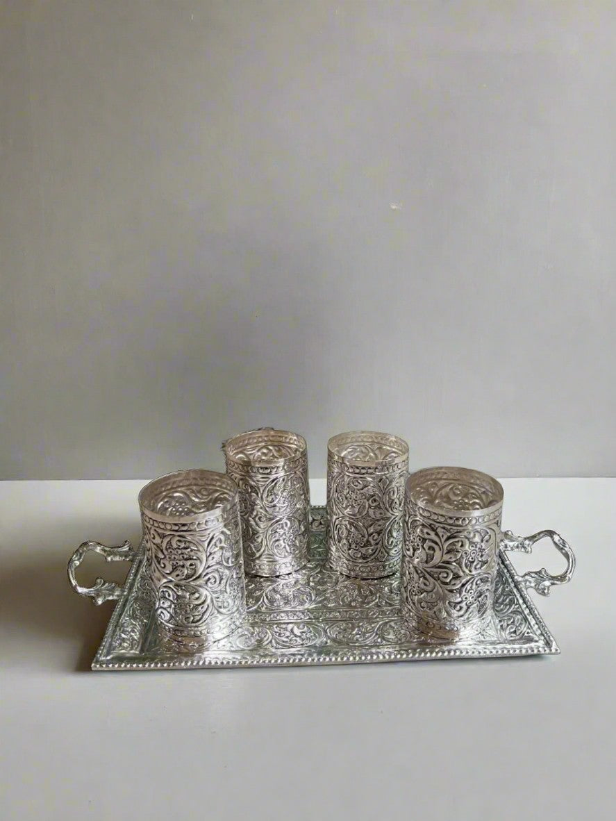 German Silver Tray with Handle and 4 Glass Set