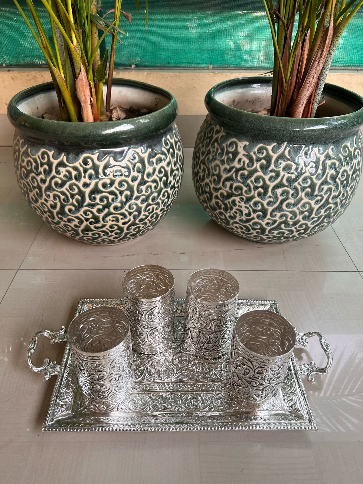 German Silver Tray with Handle and 4 Glass Set