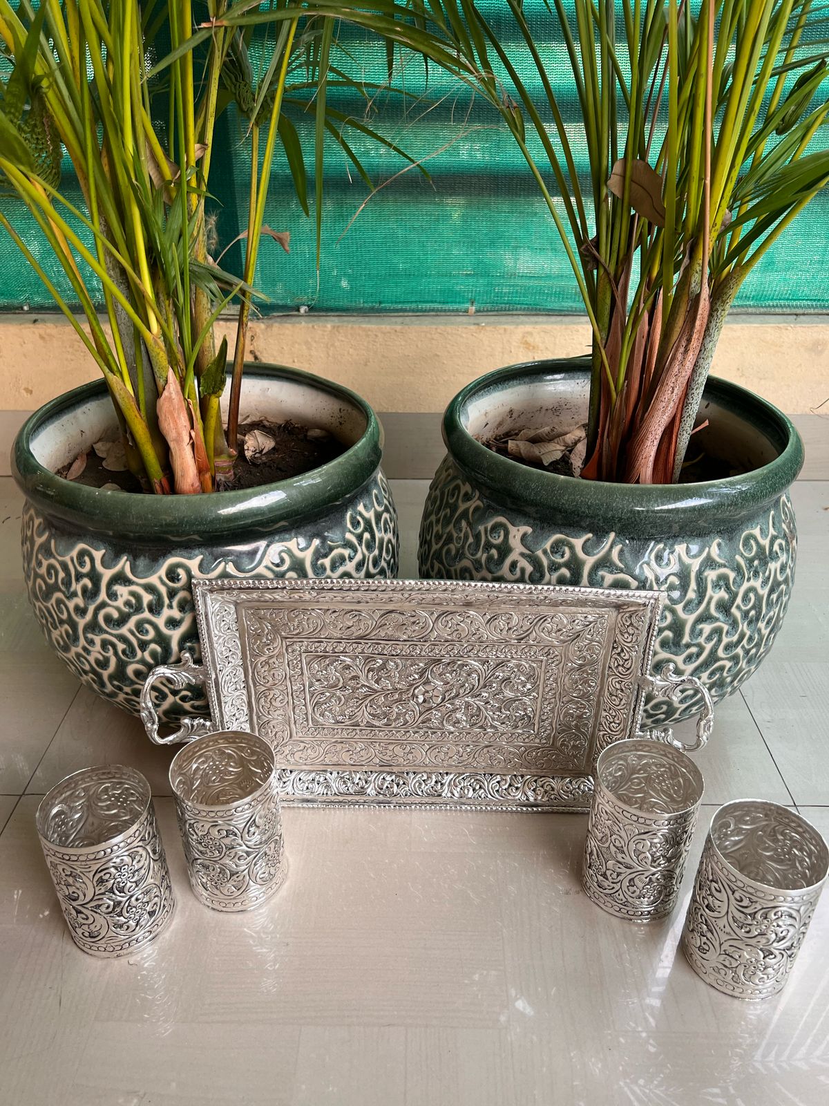 German Silver Tray with Handle and 4 Glass Set