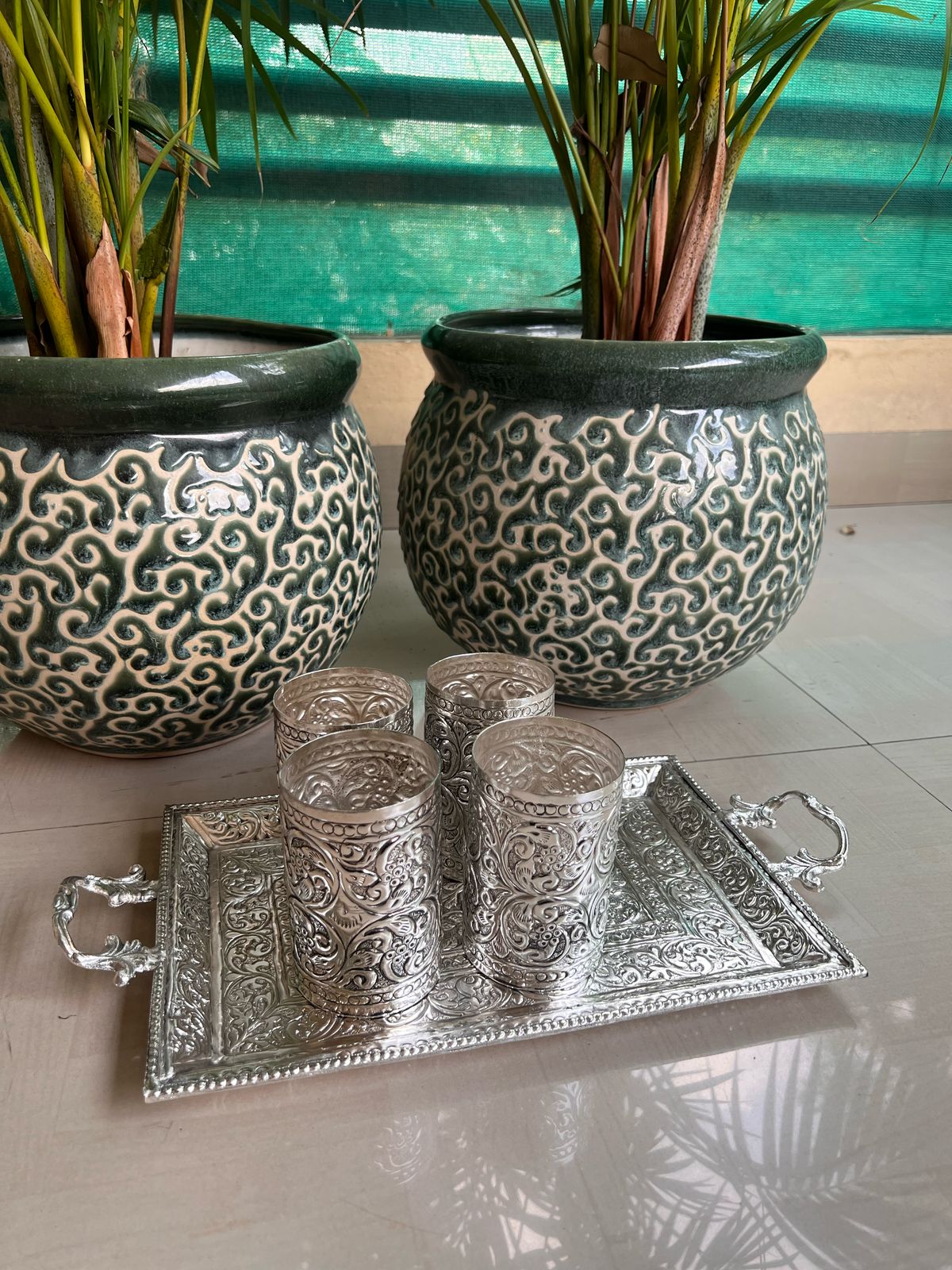 German Silver Tray with Handle and 4 Glass Set