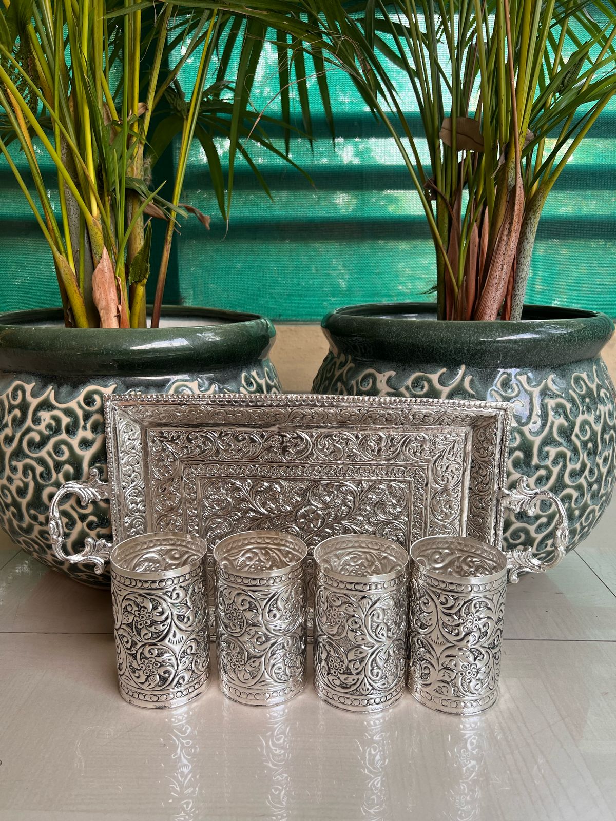 German Silver Tray with Handle and 4 Glass Set