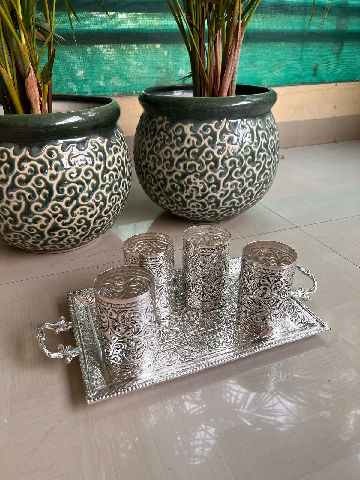 German Silver Tray with Handle and 4 Glass Set